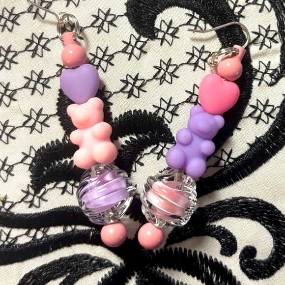 Hand Crafted Jewelry - Hand Crafted Purple and Pink Gummy Bear Beaded Earrings Hypoallergenic